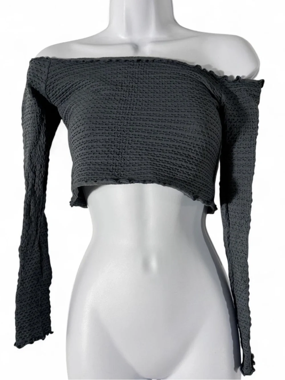 Free People Charcoal Off-the-Shoulder Long Sleeve Crop Top